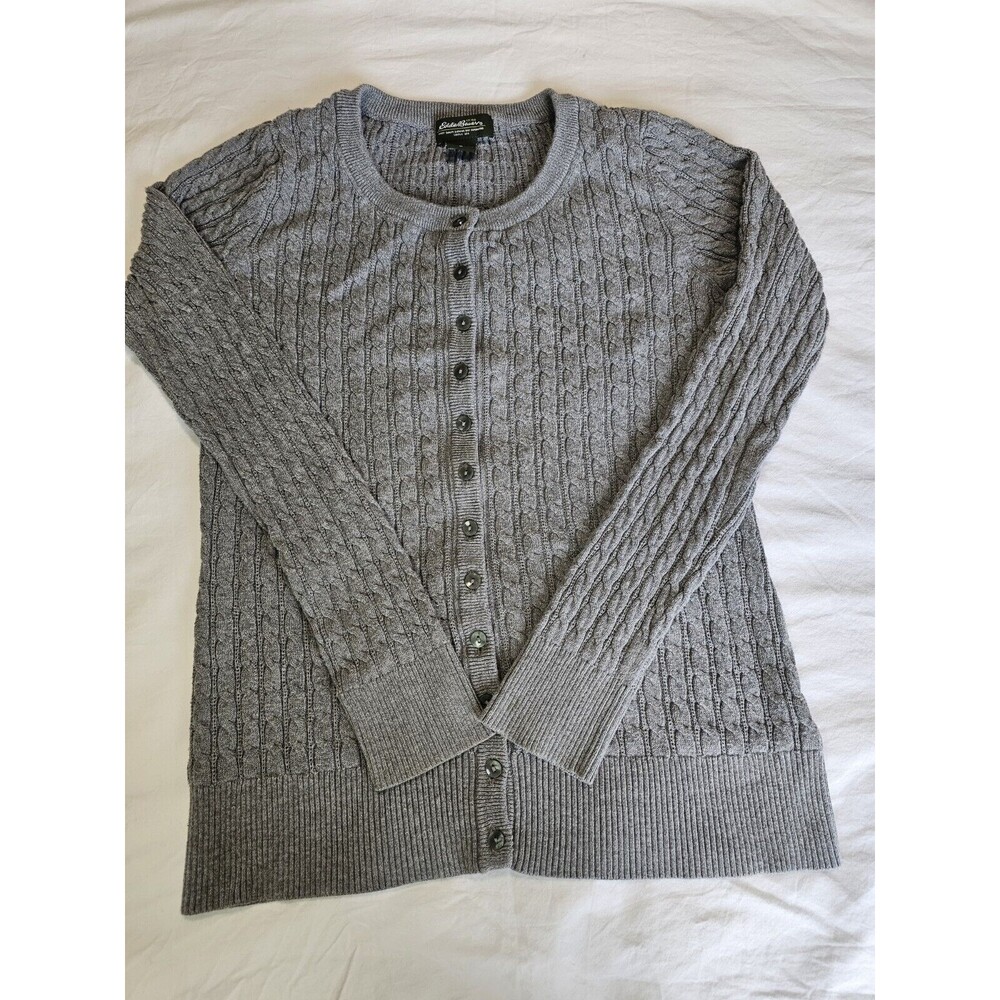 Eddie Bauer Baby Cable Knit Cardigan 100% Cotton Gray Women's Sweater M Preppy